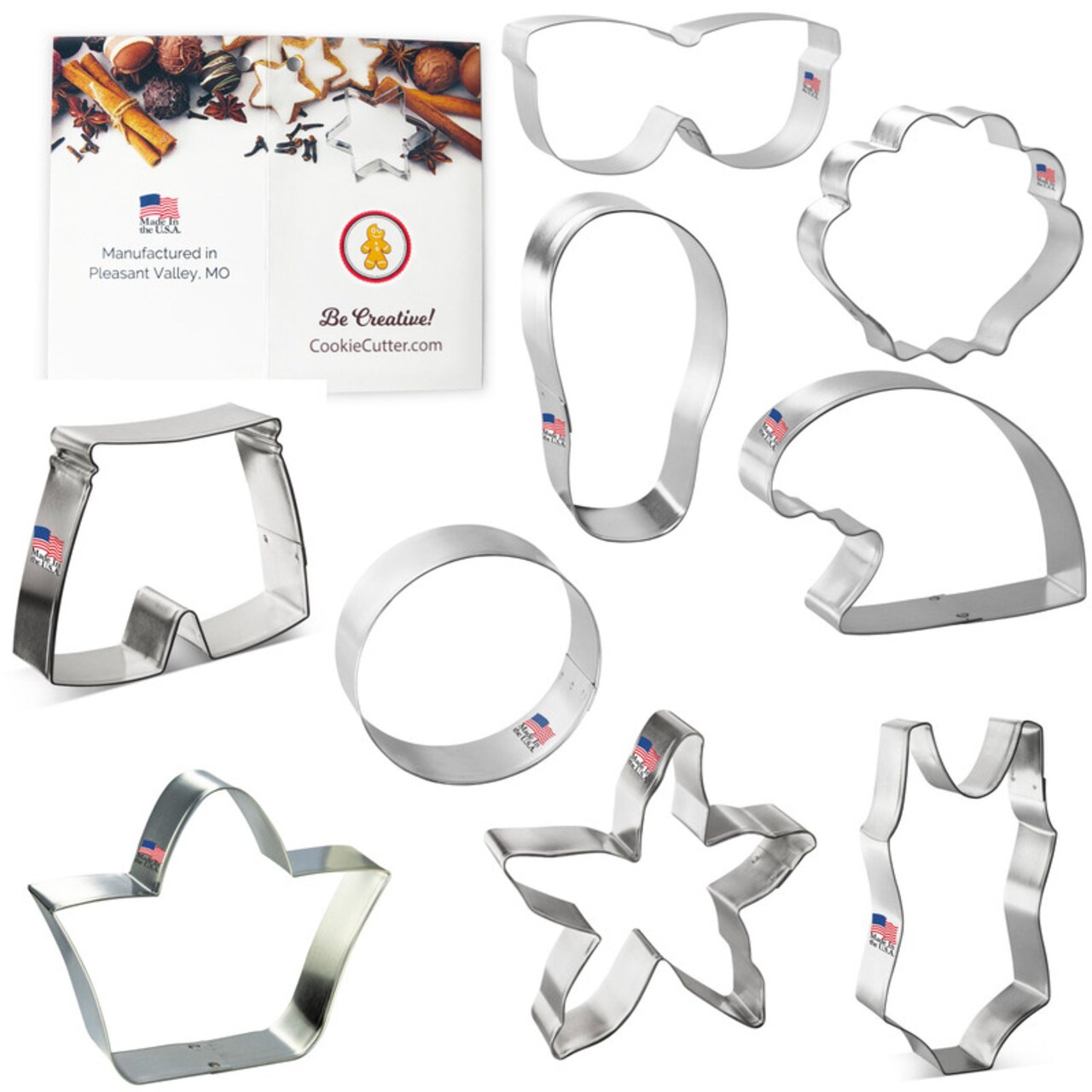 Beach Cookie Cutters 9 Pc Set. USA Tin Plate Steel - By CookieCutter.Com